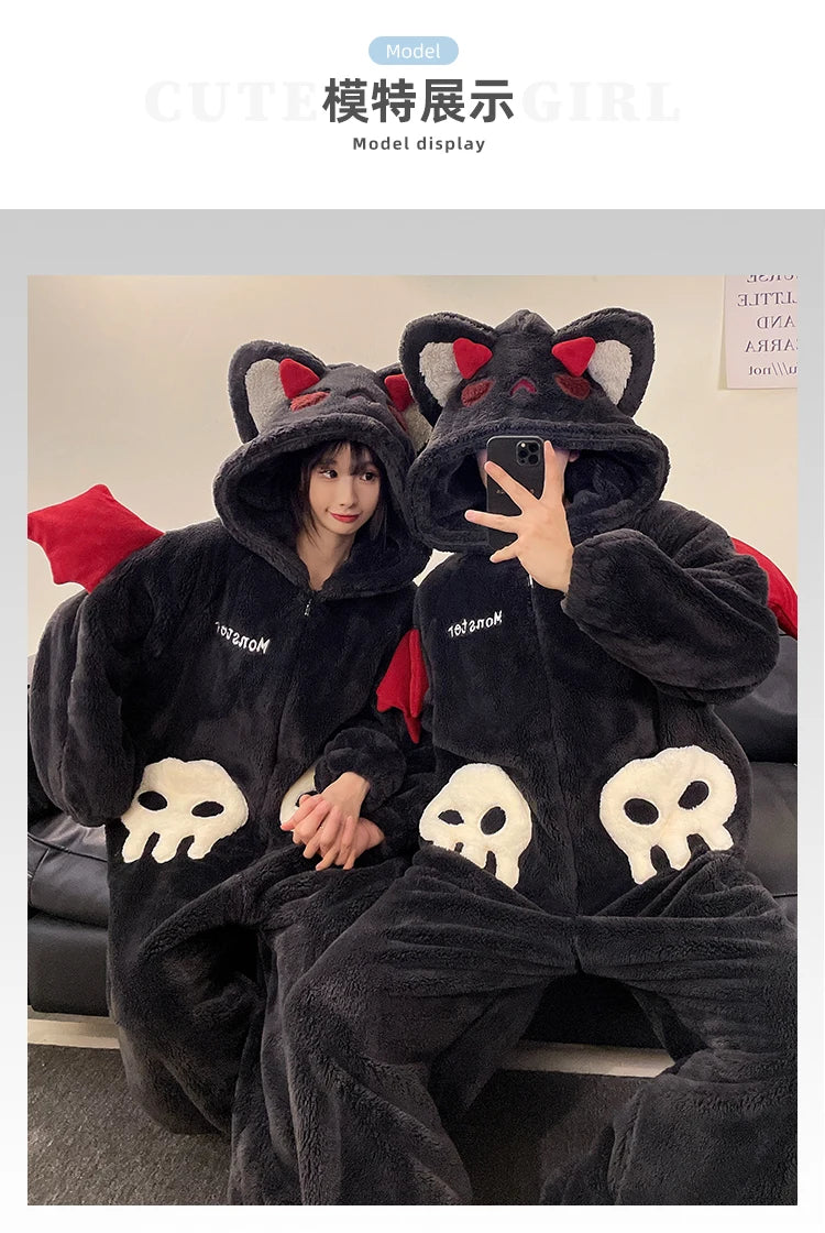 DAIMELU hooded male pajamas set men's cartoon winter thickened coral fleece flannel boy one-piece loungewear suit sleepwear
