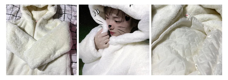 Cosy Loose Faux Fur Coat Womens Faux Fur Fuzzy Hooded Fluffy Ears Surcoat Overcoat Woman Winter Warm Outerwear Snowy Day Wrap
