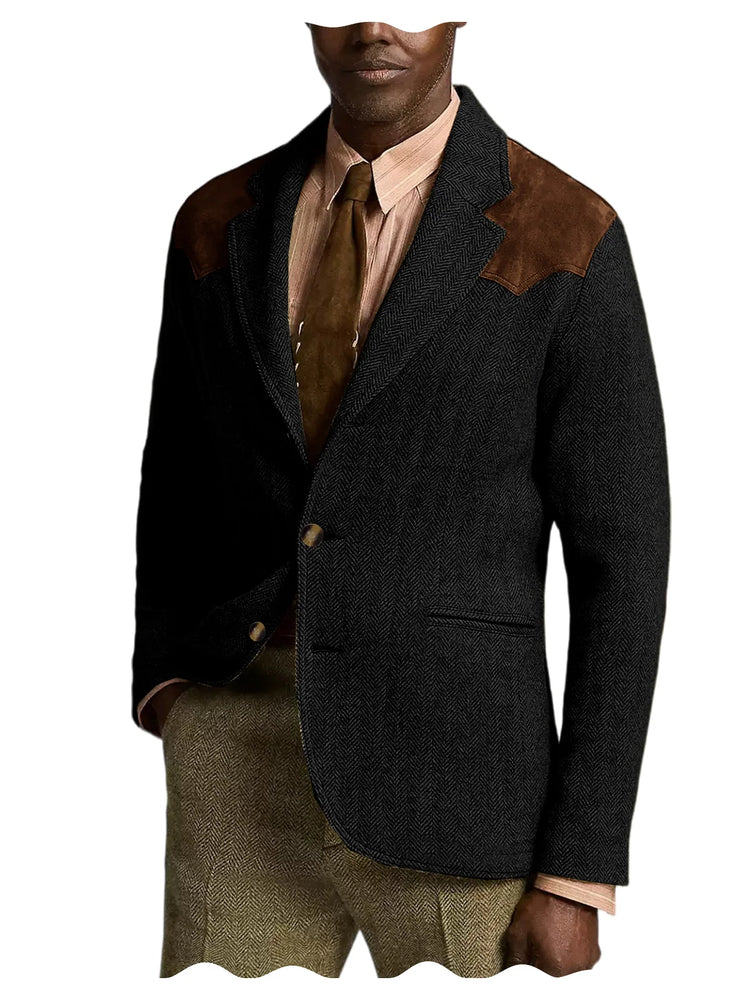 Herringbone Tweed Men's Blazer Jacket Wool Blend Suede Patch Shoulder Men's Sport Coat Business Casual Slim Fit For Oktoberfest