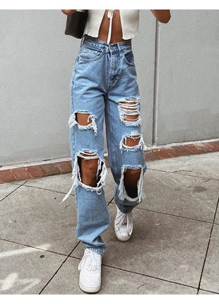 Jeans in denim effetto consumato da donna Pantaloni a tubo larghi casual dritti con foro strappato Street Style