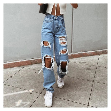 Jeans in denim effetto consumato da donna Pantaloni a tubo larghi casual dritti con foro strappato Street Style