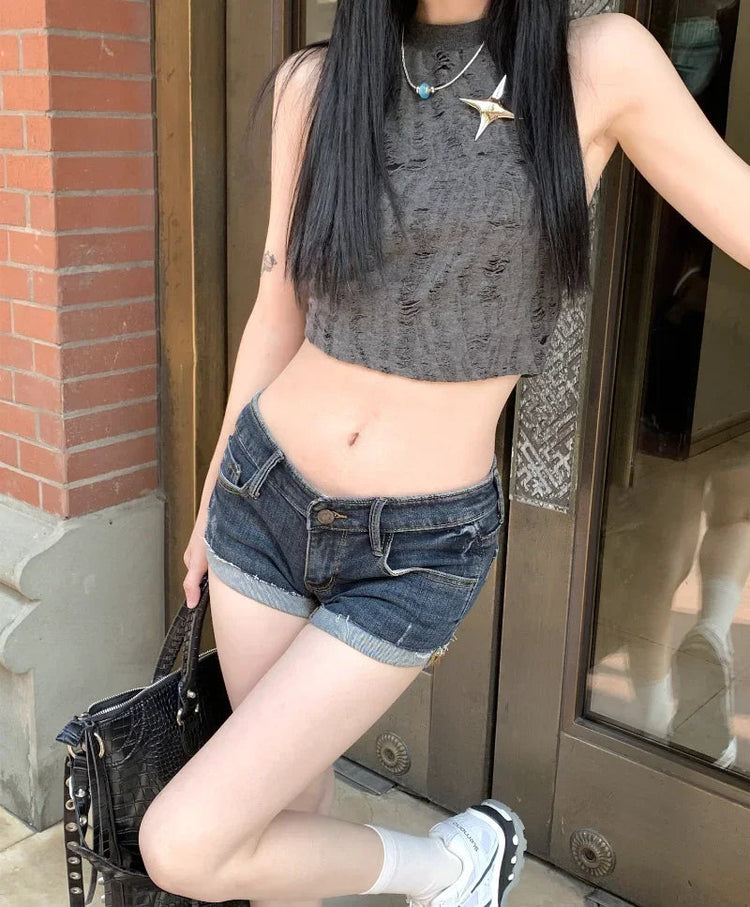 Jeans for Women Low Rise Curled Denim Shorts Skinny Summer New Y2k Spicy Girl Casual Streetwear Sexy Nightclub DJ Mini Shorts PlatiNum