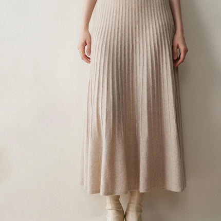 New Arrivals Women Cashmere A-line Skirt Elastic Waist Pleated Skirt 100% Cashmere Knitted Autumn Winter Thin Office Lady Dress PlatiNum