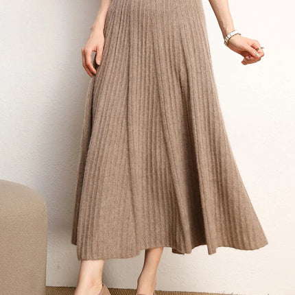 Women A-Line Pleated Skirt Cashmere High Waist Autumn Winter Large Umbrella Skirt 100% Cashmere Knitted Office Lady Casual Dress PlatiNum