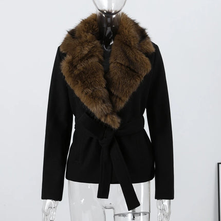 Shawl Faux Fur Women Coat Full Sleeve Woolen Lady Jacket 2025 Fashion Autumn Winter Lace Up Belted Waist Female Loose Outwears