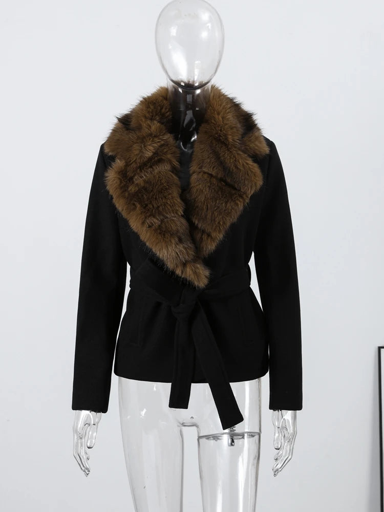 Shawl Faux Fur Women Coat Full Sleeve Woolen Lady Jacket 2025 Fashion Autumn Winter Lace Up Belted Waist Female Loose Outwears