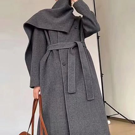 Luxury Hand-sewn Double-sided Cashmere Wool Coat Women New Mid-length Scarf Collar Loose Lace-up Warm Wool Coat Fashion Winter