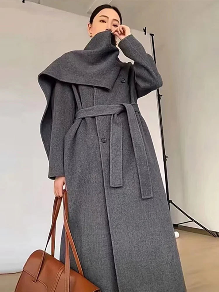 Luxury Hand-sewn Double-sided Cashmere Wool Coat Women New Mid-length Scarf Collar Loose Lace-up Warm Wool Coat Fashion Winter