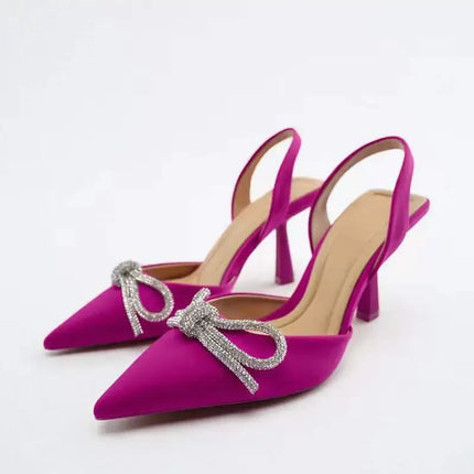 Décolleté blu Slingback da donna tacchi alti Crystal Bowknot Party Dress Shoes donna Sexy sandali con tacco a spillo a punta estate 2024