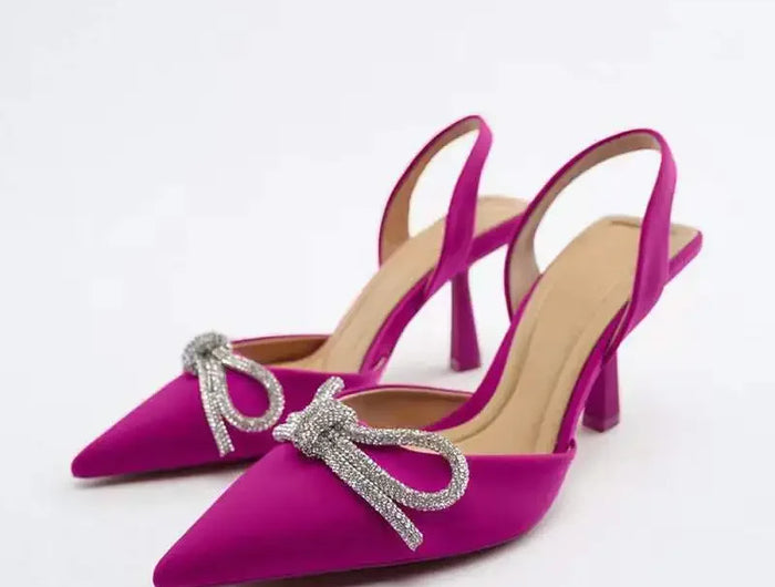 Décolleté blu Slingback da donna tacchi alti Crystal Bowknot Party Dress Shoes donna Sexy sandali con tacco a spillo a punta estate 2024