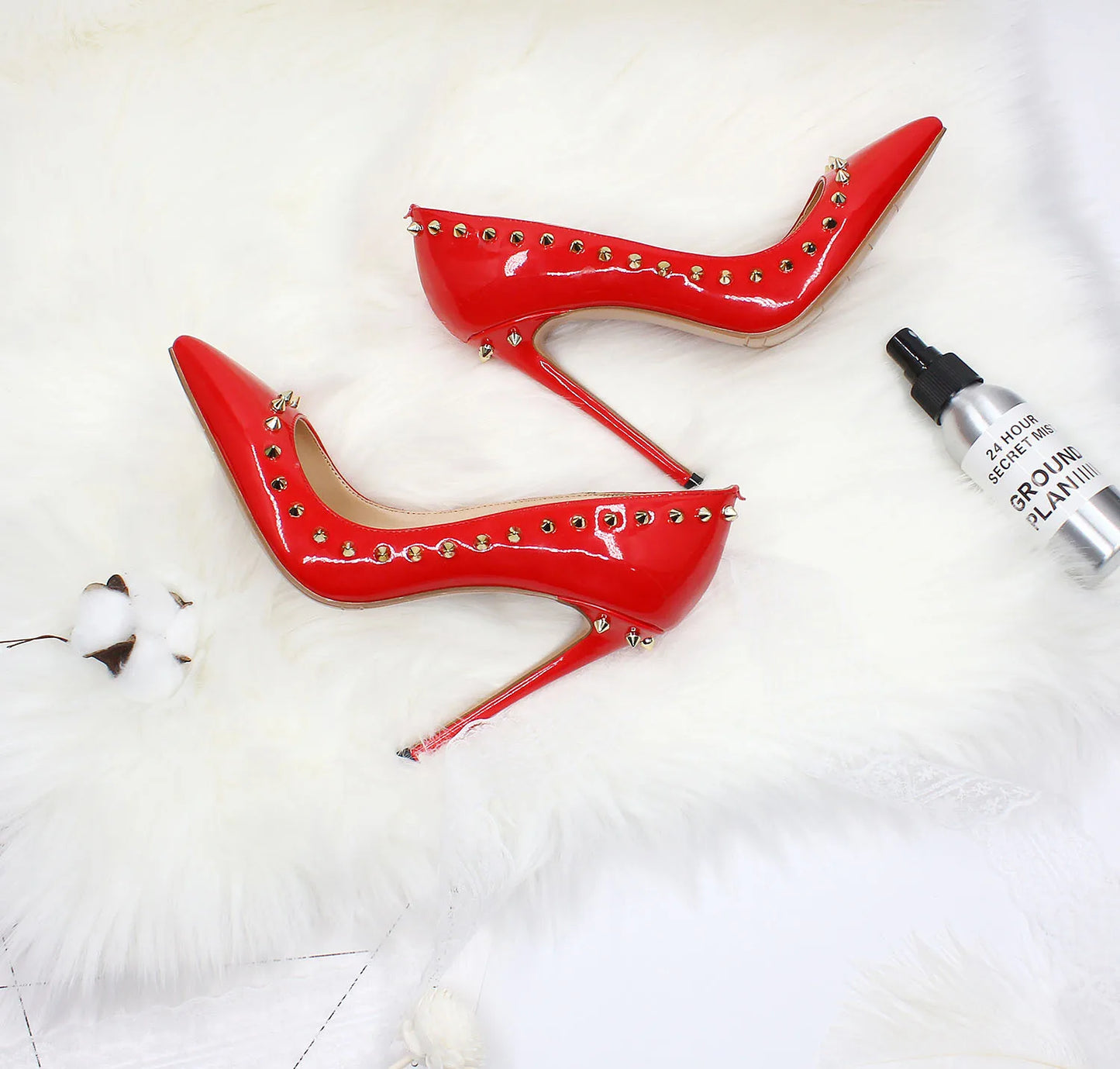 Women 12CM Stiletto Fashion Rivet High Heels Black Red Shallow Mouth Single Shoes Club Party Female Pointy Pumps Plus Size 34-45