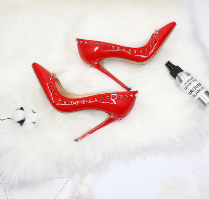 Women 12CM Stiletto Fashion Rivet High Heels Black Red Shallow Mouth Single Shoes Club Party Female Pointy Pumps Plus Size 34-45