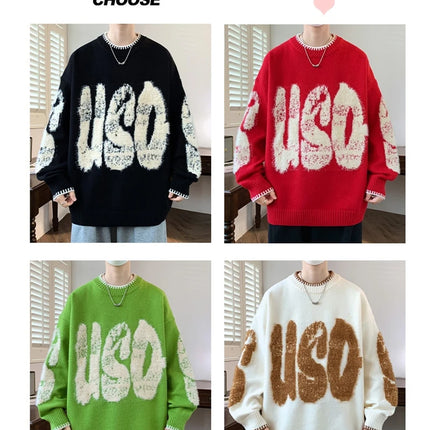 2025 New Letter Jacquard O-Neck Knitwear Men's American Fashion Retro Knitted Sweater Autumn Hip Hop Long Sleeve Y2K Pullovers