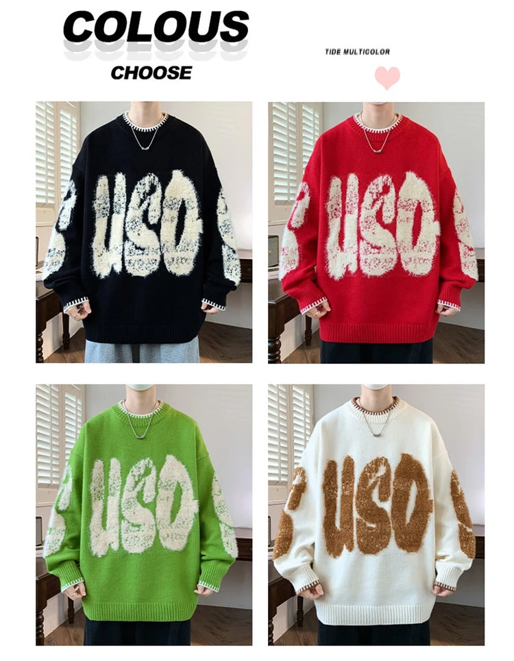 2025 New Letter Jacquard O-Neck Knitwear Men's American Fashion Retro Knitted Sweater Autumn Hip Hop Long Sleeve Y2K Pullovers