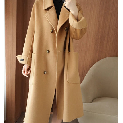 Ladies' 100% Cashmere Thick Double-Sided Extended Coat, Classic, Versatile and Fashionable for Business and Leisure