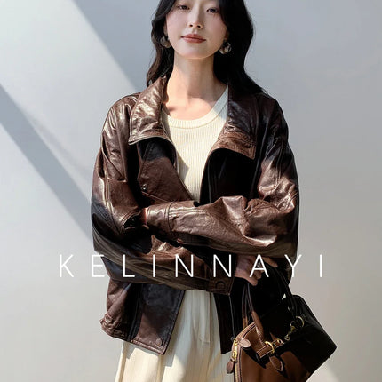 Waxed Sheepskin Genuine Leather Moto Biker Jacket Women Cropped Stand Collar Zip Up Snap Button Loose Casual Autumn Outwear 2026