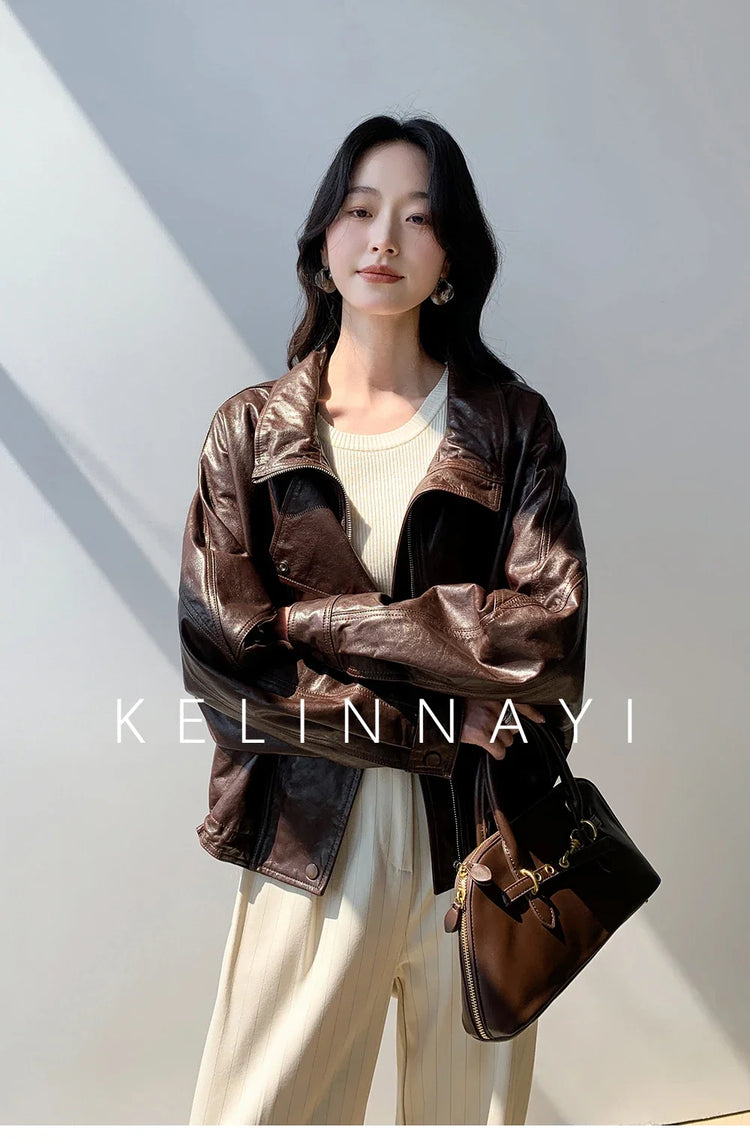 Waxed Sheepskin Genuine Leather Moto Biker Jacket Women Cropped Stand Collar Zip Up Snap Button Loose Casual Autumn Outwear 2026
