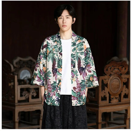 Camicie in Lino Stile Etnico con Stampa Yukata per Uomo e Donna, Abbigliamento Asiatico, Kimono Giapponese Harajuku, Camicie Retrò da Uomo