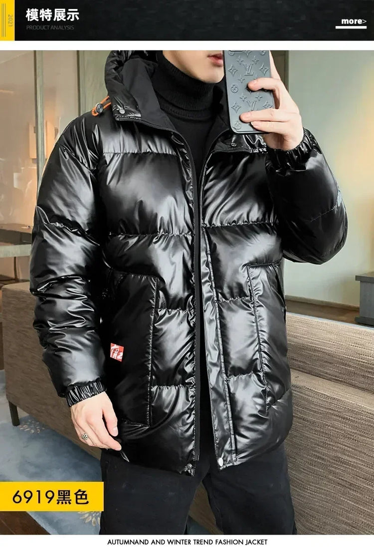 Casual Men's Thickened Parka Windproof Fashion Shiny Coats Men Hood Warm Hip HOP Winter Overcoat Men's Cotton-padded Parkas