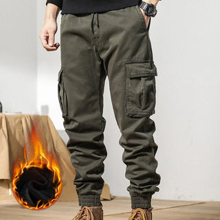 2024 New Winter Cargo Pants Men Multi-Pockets Drawstring Fleece Liner Thick Warm Overalls Joggers Casual Cotton Thermal Trousers