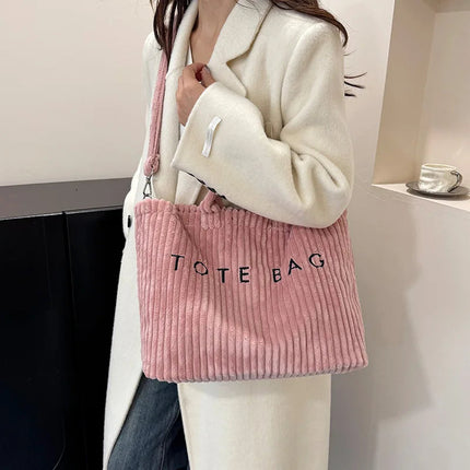Simple Letter Soft Corduroy Shoulder Bags for Women Versatile Large Capacity Ladies Crossbody Bag Portable Female Handbags Tote PlatiNum