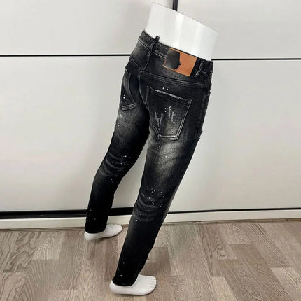 Street Designer Fashion Men Jeans High Quality Retro Black Gray Stretch Slim Fit Ripped Jeans Men Brand Vintage Y2K Denim Pants PlatiNum