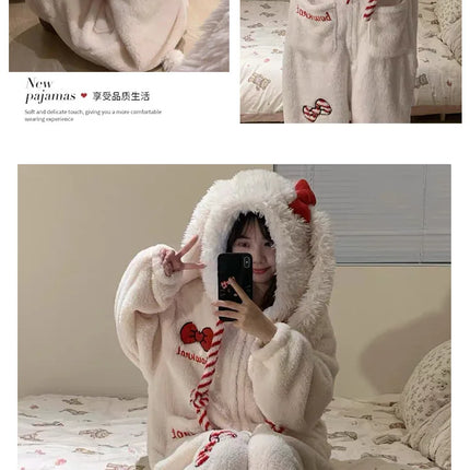 Women Cute Rabbit Ear Hooded Onepiece Pajamas Coral Fleece Zipper Jumpsuit Bow Decor Warm Fluffy Loose Sleepwear Home Loungewear