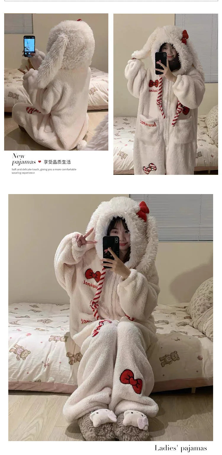 Women Cute Rabbit Ear Hooded Onepiece Pajamas Coral Fleece Zipper Jumpsuit Bow Decor Warm Fluffy Loose Sleepwear Home Loungewear