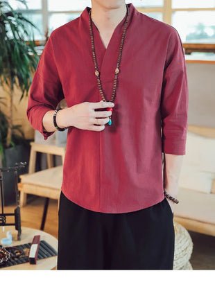 Kimono estivo stile giapponese manica corta uomo nuovo cotone a mezza manica lino traspirante abbigliamento uomo t-shirt giapponese Yukata top