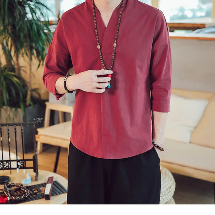 Kimono estivo stile giapponese manica corta uomo nuovo cotone a mezza manica lino traspirante abbigliamento uomo t-shirt giapponese Yukata top