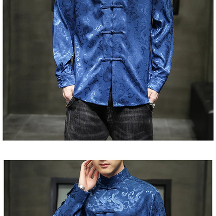 Giacca Tang di alta qualità da uomo camicetta con colletto alla coreana in argento elegante abbigliamento cinese rosso camicie Casual da uomo in raso di seta blu di grandi dimensioni