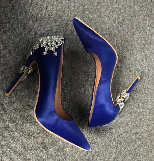 GlitterTwine Diamonds Flower High Heels Royal Blue Pumps Crystal High Heels Party Women Rhinestone Blue Silk Pumps Wedding Shoes