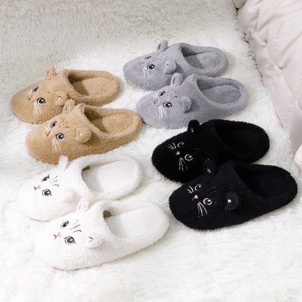Winter Cute Cat Plush Slippers Women Indoor Comfortable Quiet Soft Sole Floor Slides Couples Winter Warm Fuzzy House Sandals