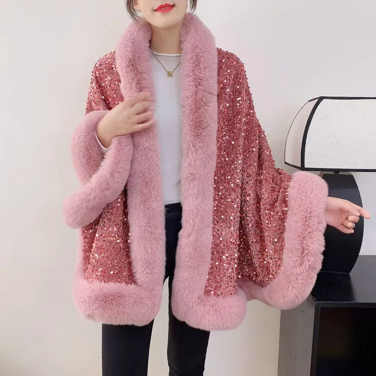 ZADORIN Fashion Sequins Long Furry Warm Faux Fur Coat Woman Autumn Winter Fur Cape Ponch Wedding Party Fur Shawl Cloak Cardigans