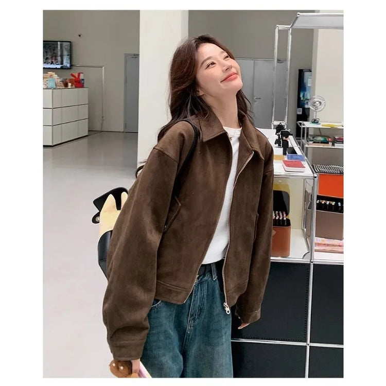 Retro Style Women's Short Suede Jacket Coffee Color Korean Style Autumn Coat Zipper Pocket Polyester Fiber Windproof