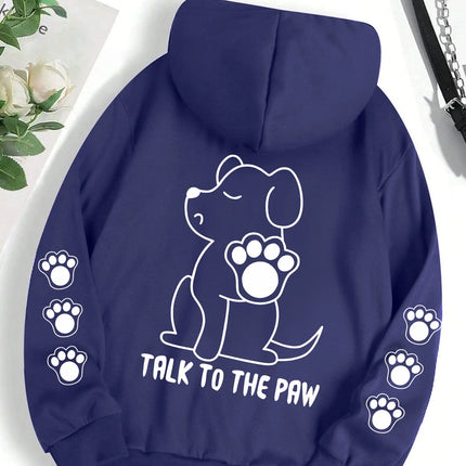 Talk To The Paw Funny Dog Cartoon Print Hoodie Women Warm Fleece Hoody Fashion Casual Hooded Autumn Loose Round Neck Woman Tops