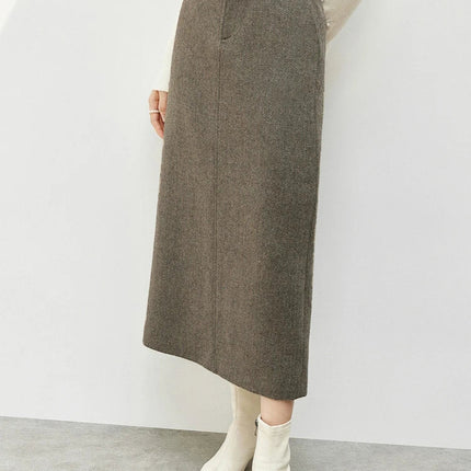 SENTUBILA Straight Wool Skirt Women 2025 Winter Vintage Elegant Tweed High-waist Slit-hem Temperament Long Skirts 144Q56942 PlatiNum