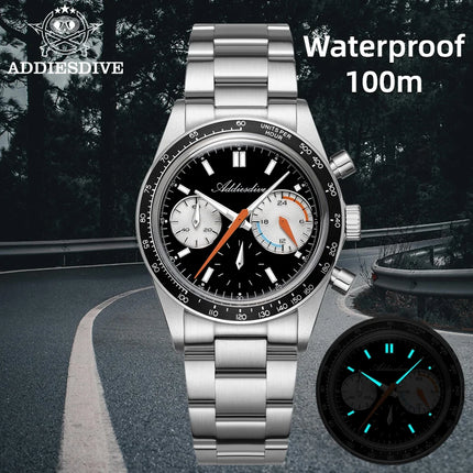 ADDIESDIVE 37mm Watch For Men Chronograph 10Bar Diver BGW9 Luminous Bubble Mirror Glass AD2539 Aluminum Ring VK63 Quartz Watches