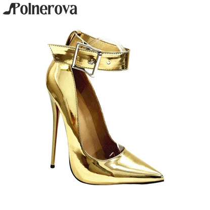 16cm Lock Pumps Sexy Pointed Stilettos Ankle Buckle Patent Leather High Heels Designer Metallic Lock Belt Buckle Lacquered Heels - PlatiNum