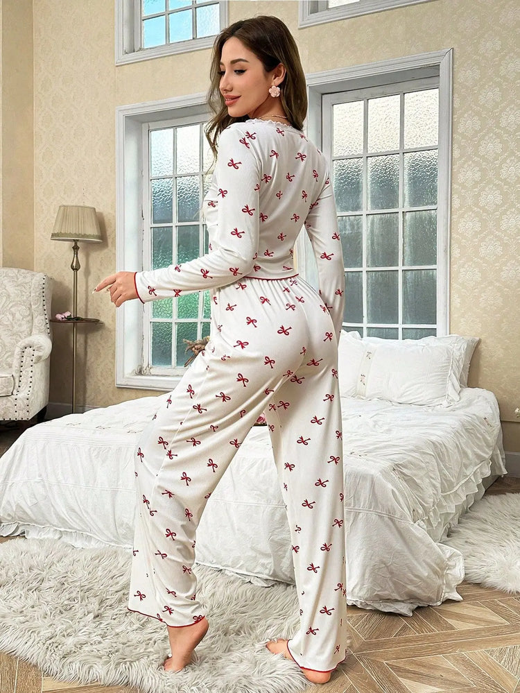 Primavera e autunno nuovi indumenti da notte da donna con fiocco a farfalla a maniche lunghe set stampato elastico da donna casual comodi vestiti per la casa