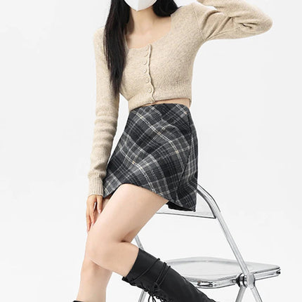 Autumn Winter Woolen Plaid Mini Skirt for Women College Casual All Match Short Skirts Woman Thicken Warm High Waist A-Line Skirt PlatiNum