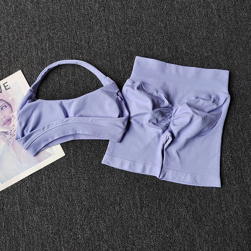 2PCs Peach High Waist Belly Hip Lifting Sports Bras Shorts Suit Gathering Shock-proof Neck Halter Yoga Suit Running Fitness Set