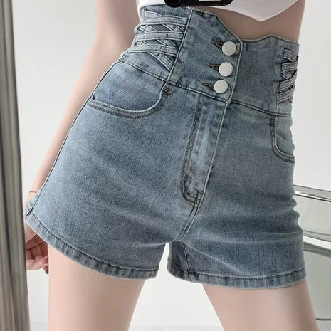 Women's super high waisted denim shorts for summer girls, new black A-line waist cinching slimming design, hot pants PlatiNum