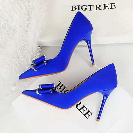 BIGTREE New Fashion Women Dress Shoes 10cm tacchi alti Shallow Toe Crystal Butterfly Knots Lady Red Silk Shoes taglia 34-40