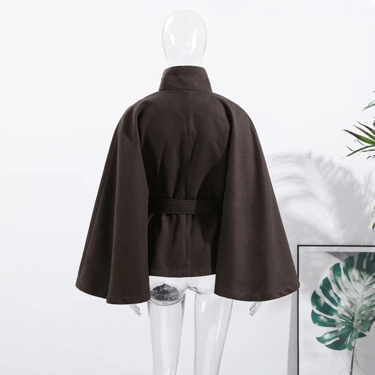 Faux Fur Cloak Jackets Women Loose Standneck Three Button Wide Sleeves Belt Coats Female 2026 Autumn Solid Chic Fashion Outwears
