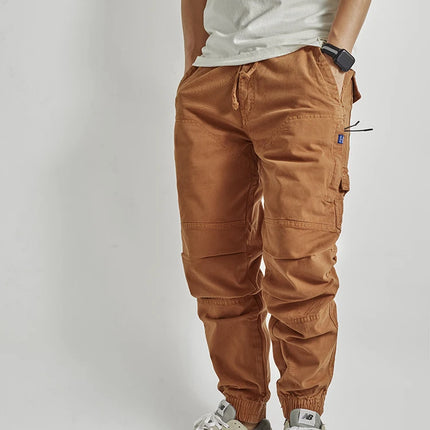 Autumn New American Retro Woven Cargo Pants Men's 97.5% Cotton Washed Elastic Waist Drawstring Loose Casual Anke-tied Trousers