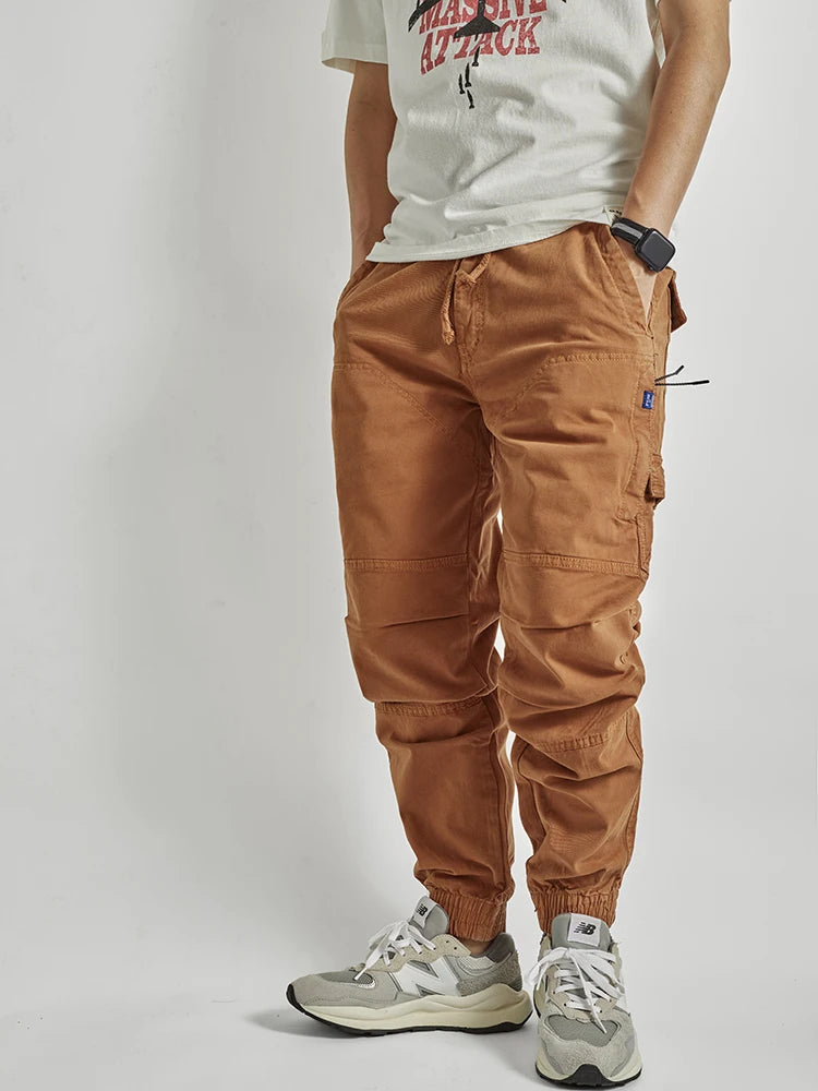 Autumn New American Retro Woven Cargo Pants Men's 97.5% Cotton Washed Elastic Waist Drawstring Loose Casual Anke-tied Trousers