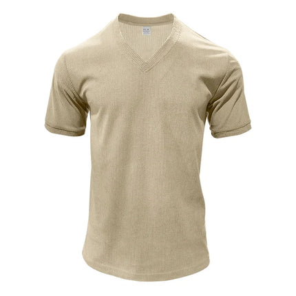 Men's European and American Summer Corduroy Solid Color Slim Casual V-Neck T-Shirt Amazon