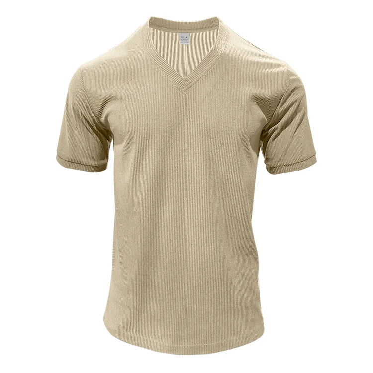T-shirt casual slim tinta unita con scollo a V da uomo estiva europea e americana in velluto a coste da uomo Amazon