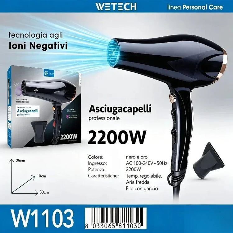2200W Fast Dry Ionic Hair Blow Dryer 100‑240V Dual‑Voltage Hot & Cold Air Function Hanging Hook Design With Concentrator Nozzle Hair Styling Tool